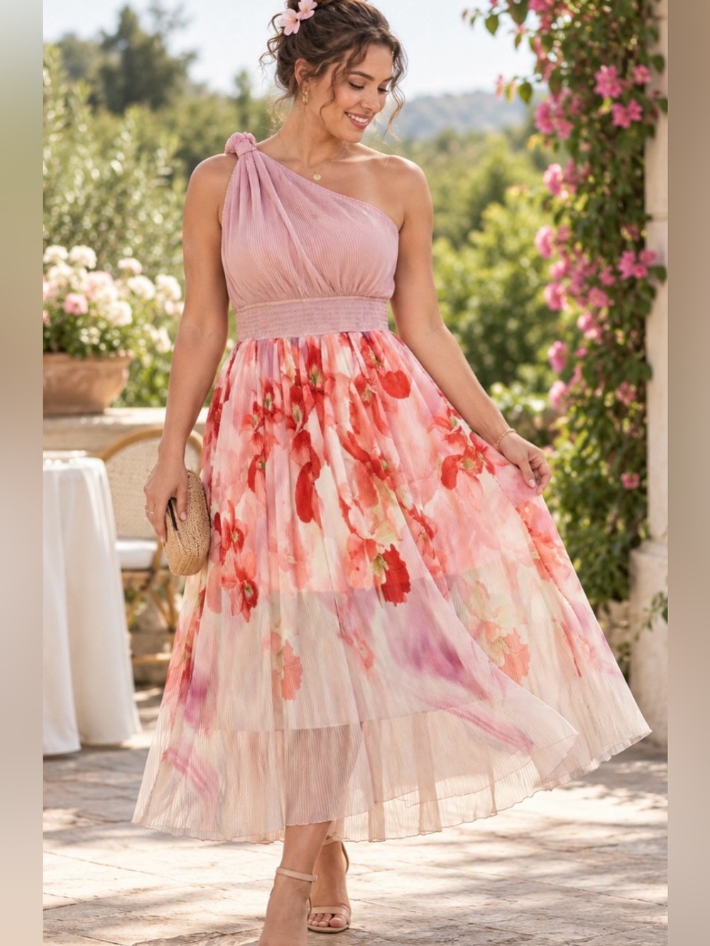 Floral One Shoulder Pleated Chiffon Midi Dress XL Smocked Waist Pink Coral